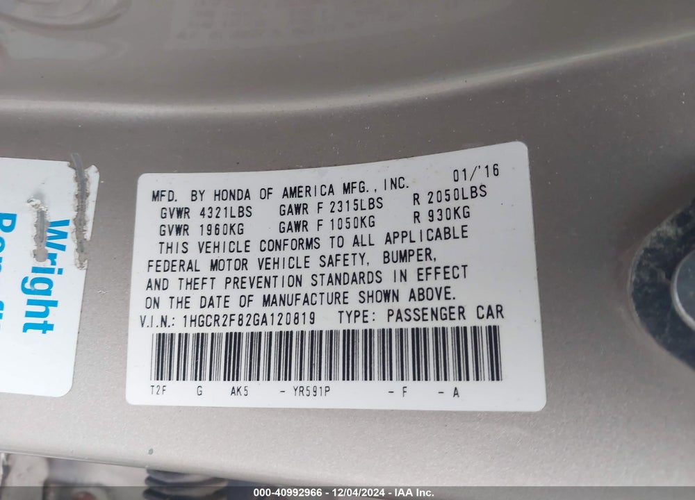 2016 HONDA ACCORD EX-L VIN: 1HGCR2F82GA120819
