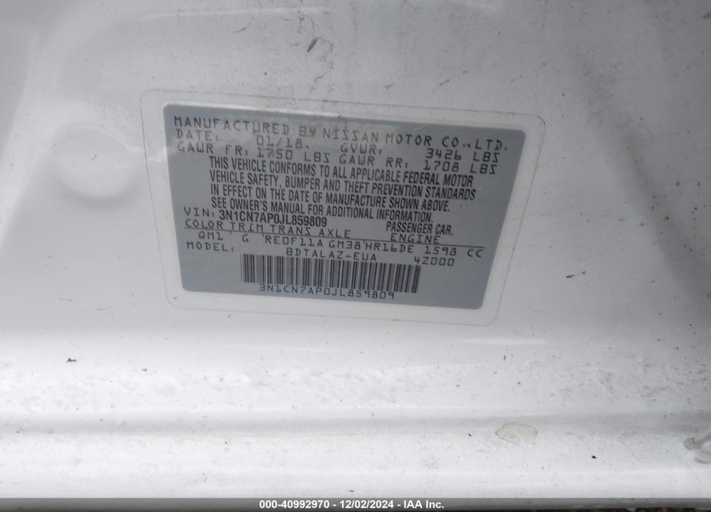 2018 NISSAN VERSA VIN: 3N1CN7AP0JL859809