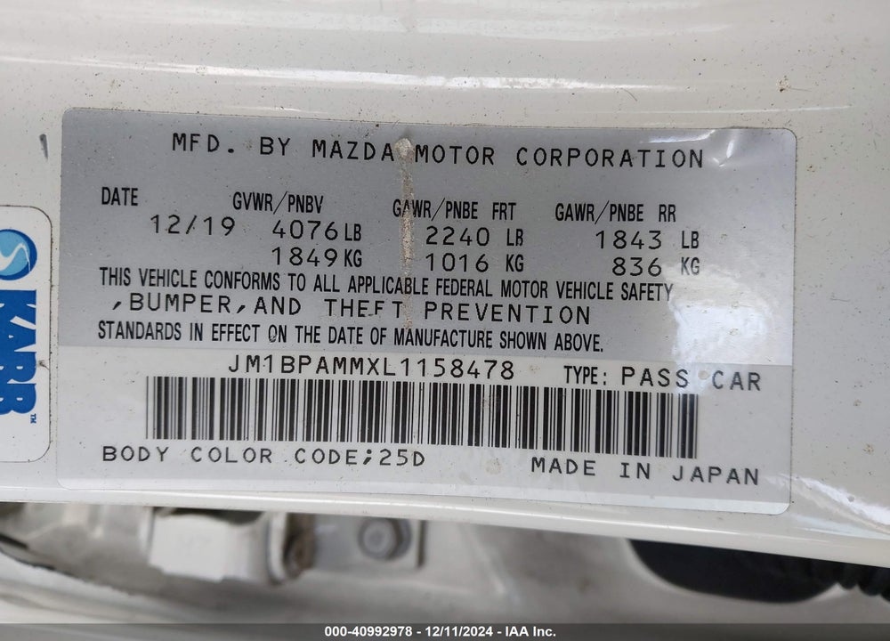2020 MAZDA 3 VIN: JM1BPAMMXL1158478