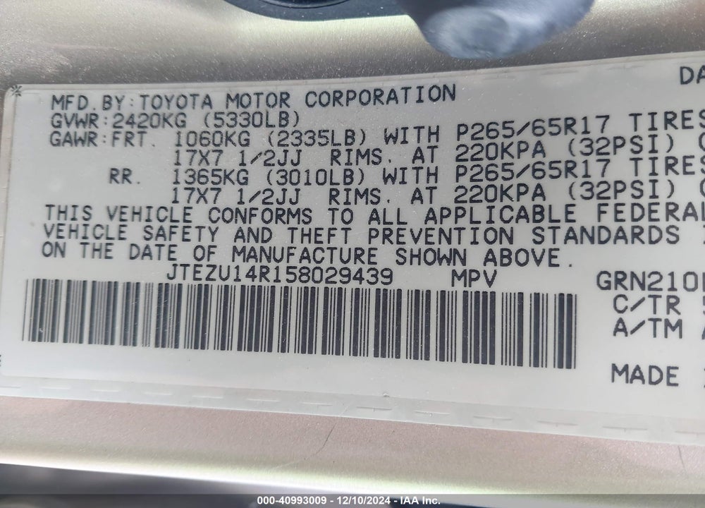 2005 TOYOTA 4RUNNER SR5 V6 VIN: JTEZU14R158029439