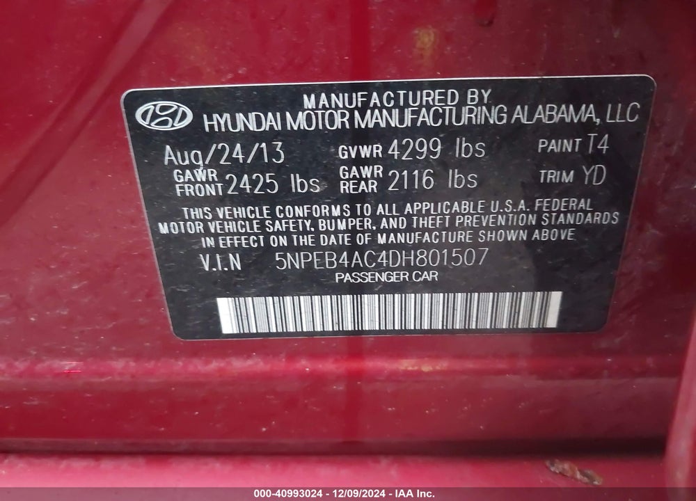2013 HYUNDAI SONATA GLS VIN: 5NPEB4AC4DH801507
