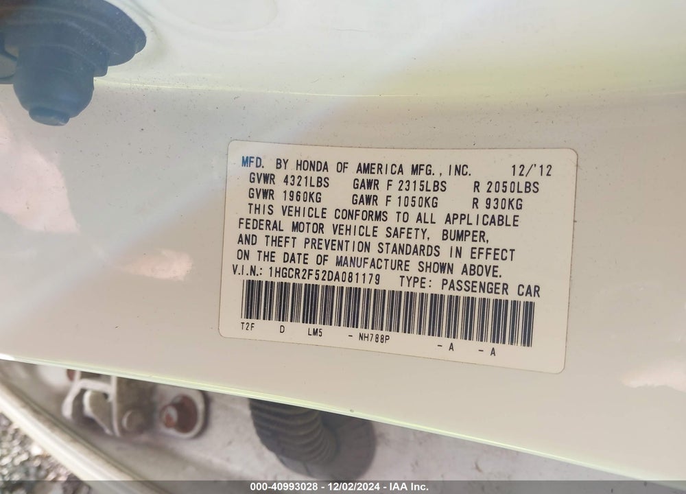 2013 HONDA ACCORD SPORT VIN: 1HGCR2F52DA081179