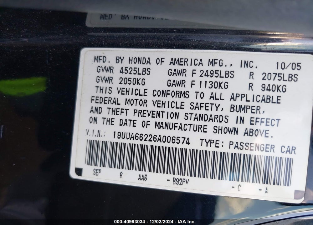 2006 ACURA TL VIN: 19UUA66226A006574