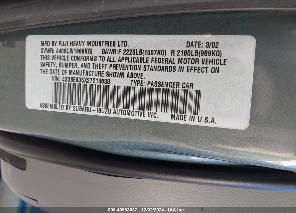 2002 SUBARU LEGACY L VIN: 4S3BE635X27214833