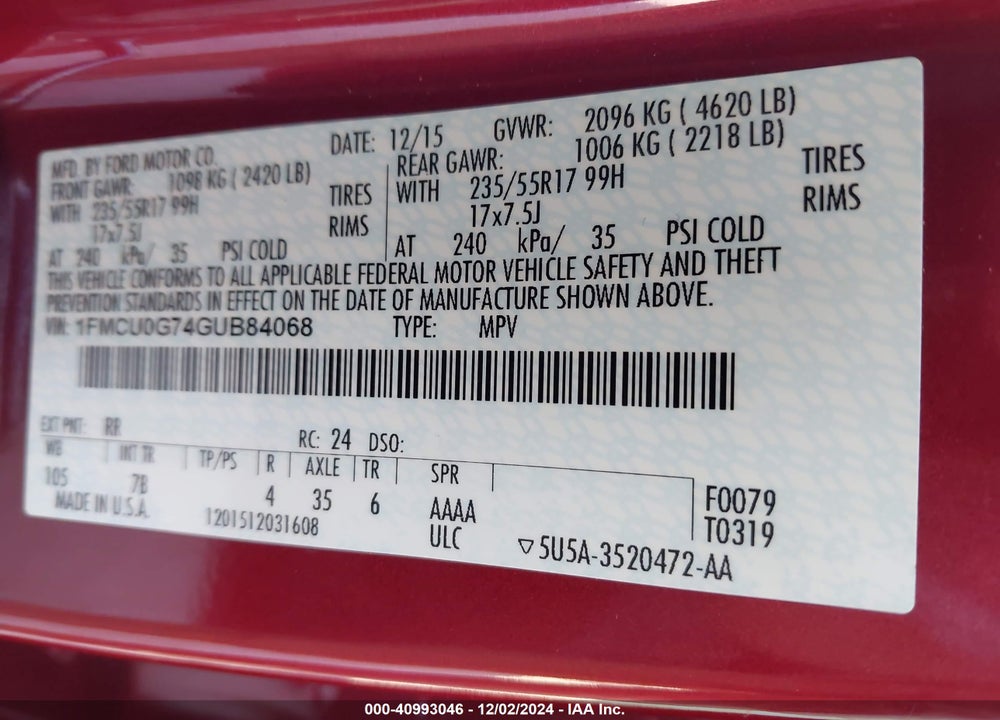 2016 FORD ESCAPE SE VIN: 1FMCU0G74GUB84068