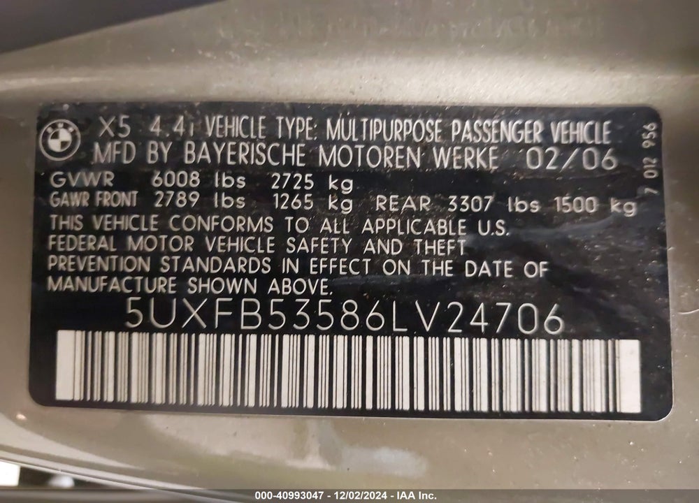 2006 BMW X5 4.4I VIN: 5UXFB53586LV24706