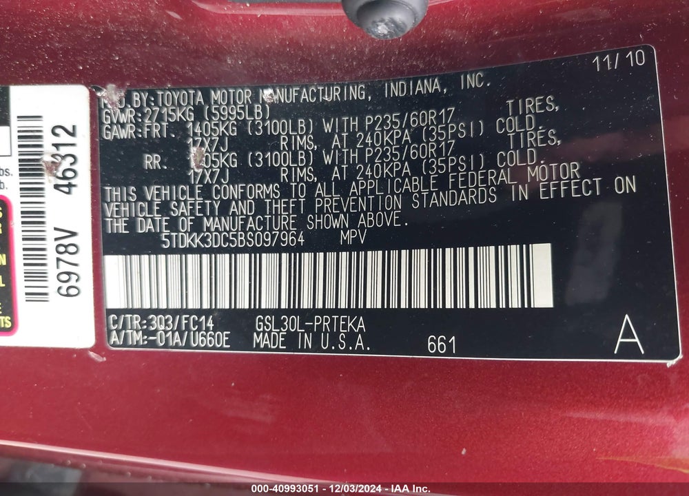 2011 TOYOTA SIENNA LE V6 VIN: 5TDKK3DC5BS097964