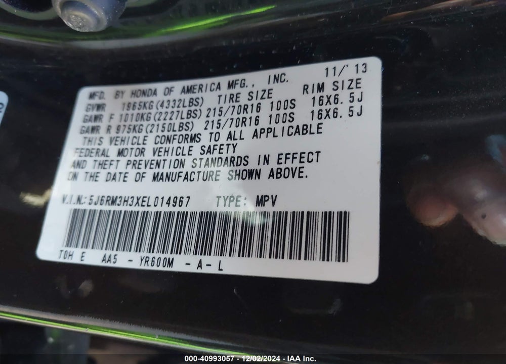 2014 HONDA CR-V LX VIN: 5J6RM3H3XEL014967