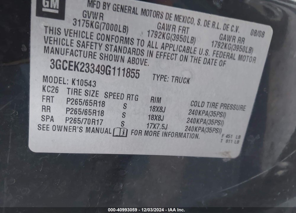 2009 CHEVROLET SILVERADO 1500 LT VIN: 3GCEK23349G111855