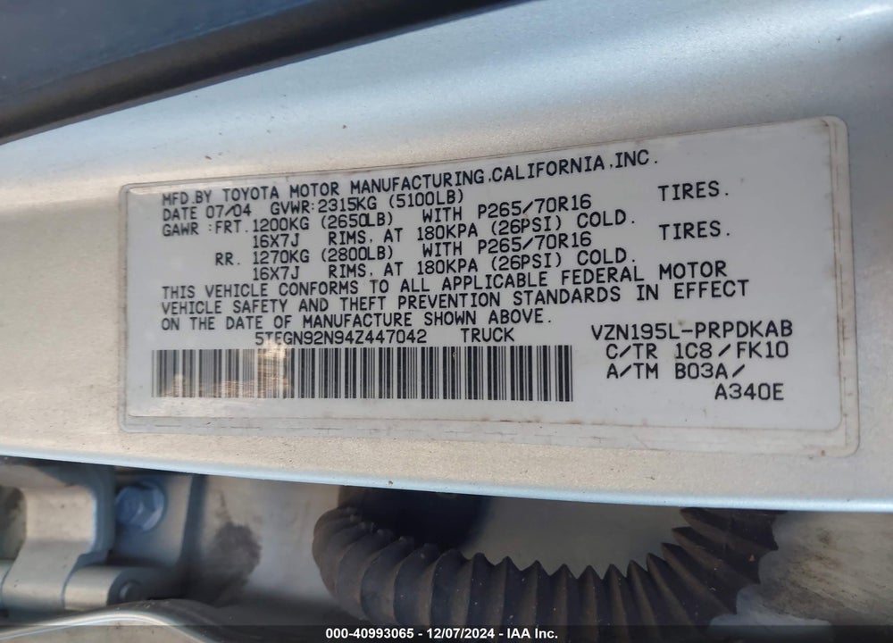 2004 TOYOTA TACOMA PRERUNNER V6 VIN: 5TEGN92N94Z447042
