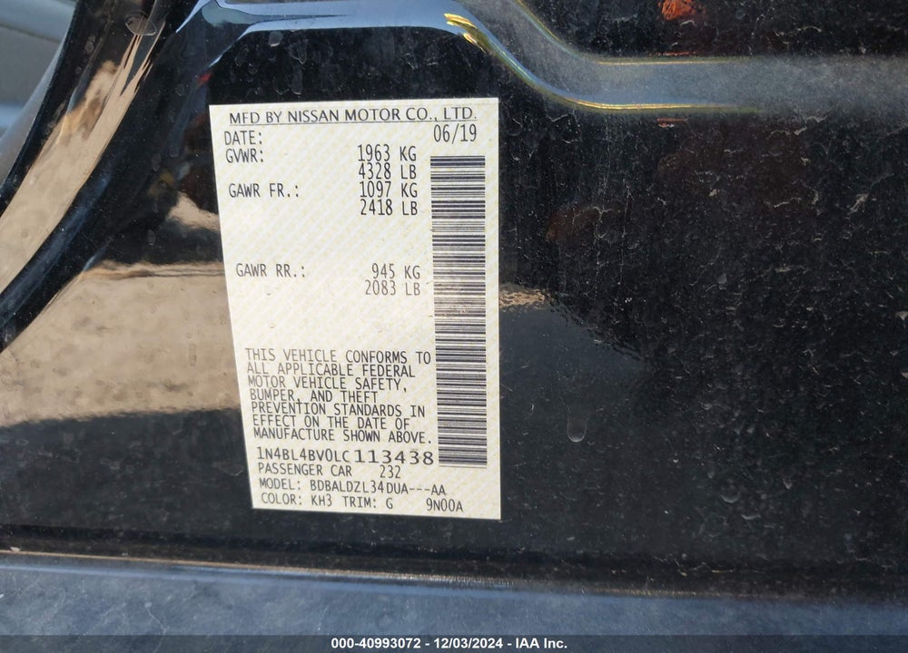 2020 NISSAN ALTIMA VIN: 1N4BL4BV0LC113438