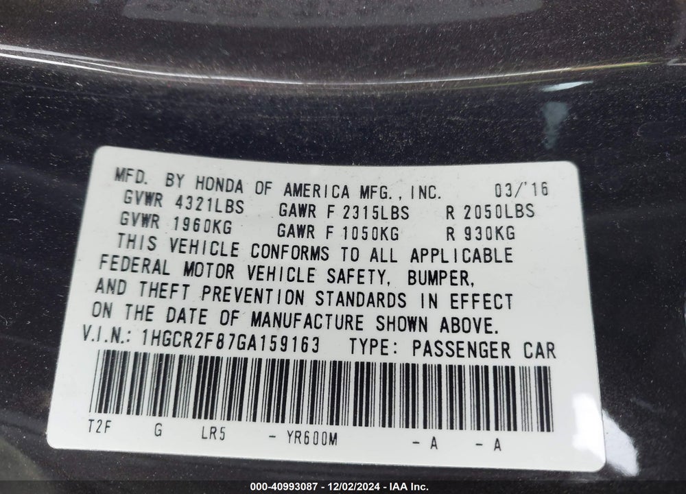 2016 HONDA ACCORD VIN: 1HGCR2F87GA159163