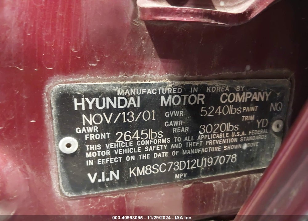 2002 HYUNDAI SANTA FE GLS/LX VIN: KM8SC73D12U197078