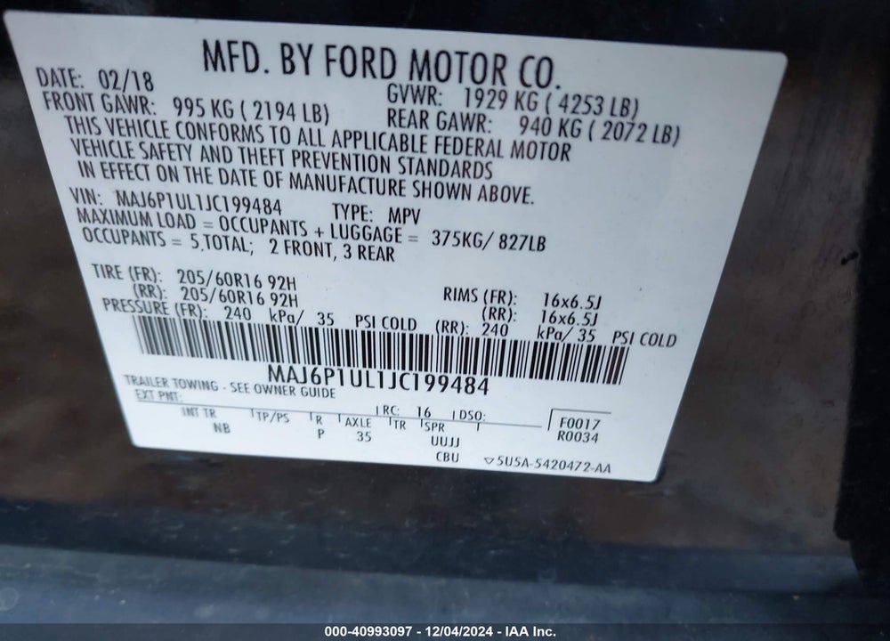 2018 FORD ECOSPORT SE VIN: MAJ6P1UL1JC199484