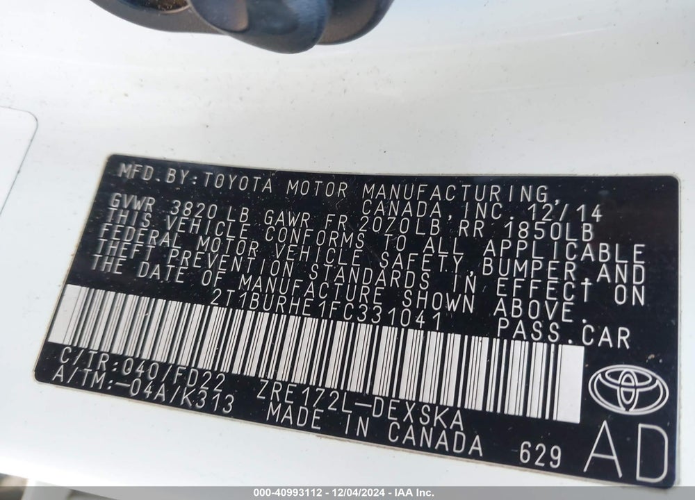 2015 TOYOTA COROLLA L/LE/LE PLS/PRM/S/S PLS VIN: 2T1BURHE1FC331041