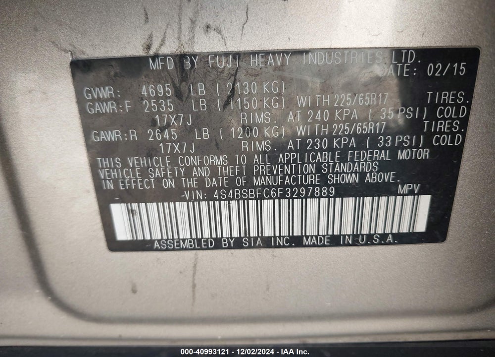 2015 SUBARU OUTBACK 2.5I PREMIUM VIN: 4S4BSBFC6F3297889