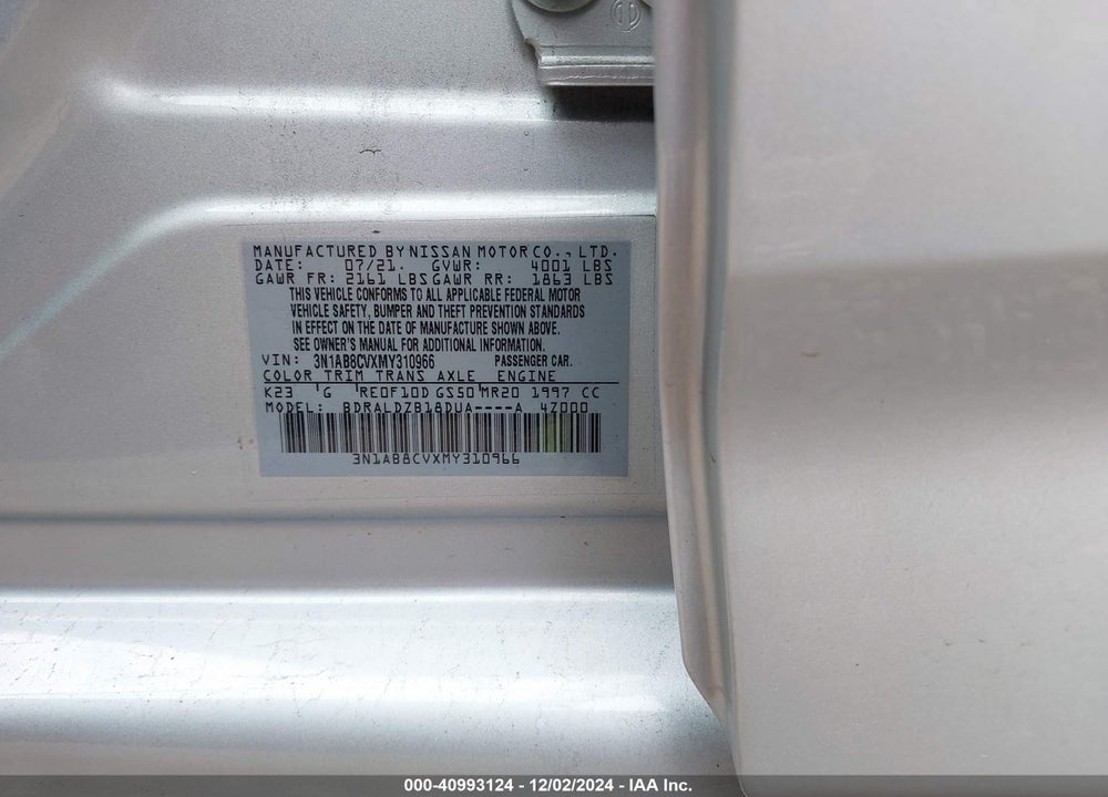 2021 NISSAN SENTRA SV XTRONIC CVT VIN: 3N1AB8CVXMY310966