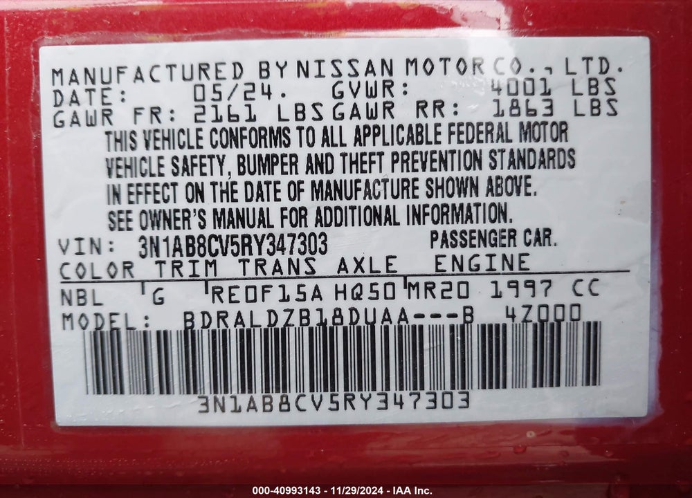 2024 NISSAN SENTRA VIN: 3N1AB8CV5RY347303