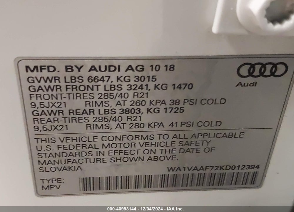 2019 AUDI Q7 55 PREMIUM VIN: WA1VAAF72KD012394