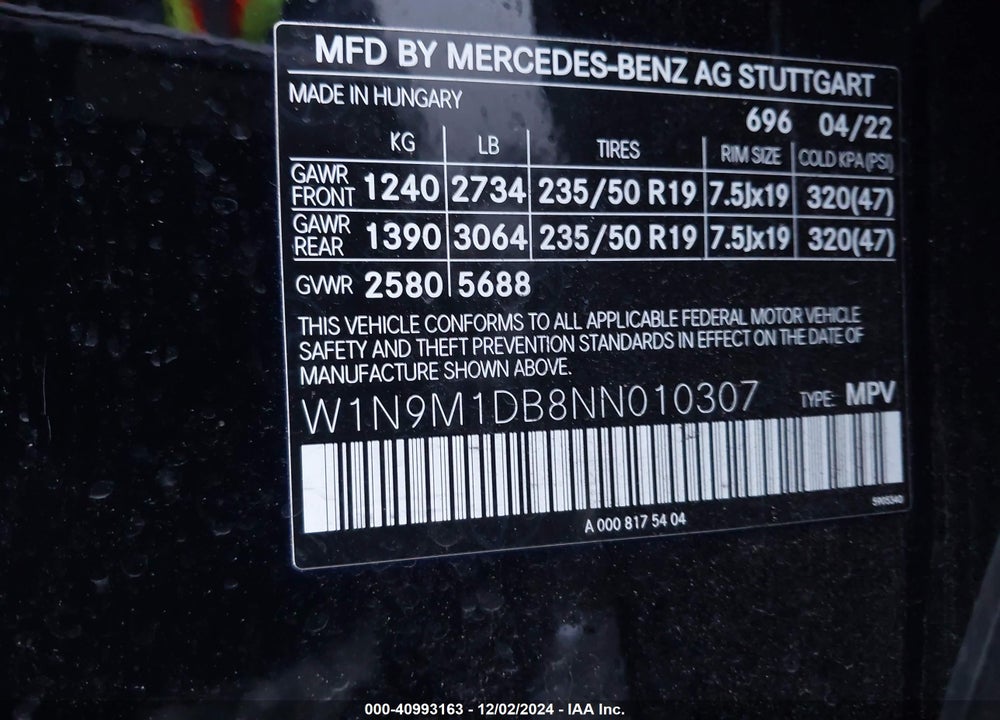 2022 MERCEDES-BENZ EQB 350 SUV 4MATIC VIN: W1N9M1DB8NN010307