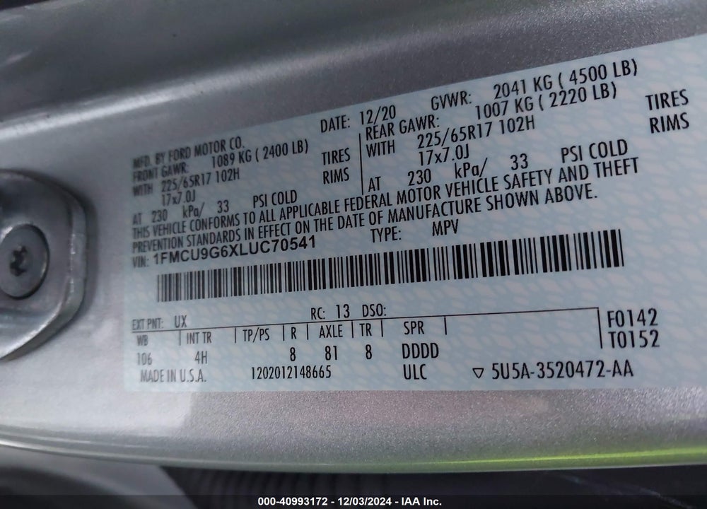 2020 FORD ESCAPE SE VIN: 1FMCU9G6XLUC70541