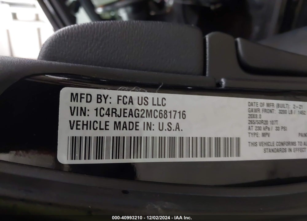 2021 JEEP GRAND CHEROKEE LAREDO X 4X2 VIN: 1C4RJEAG2MC681716