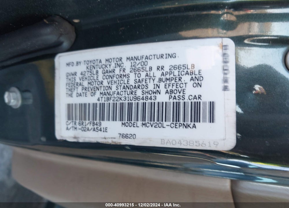 2001 TOYOTA CAMRY LE V6 VIN: 4T1BF22K31U964843