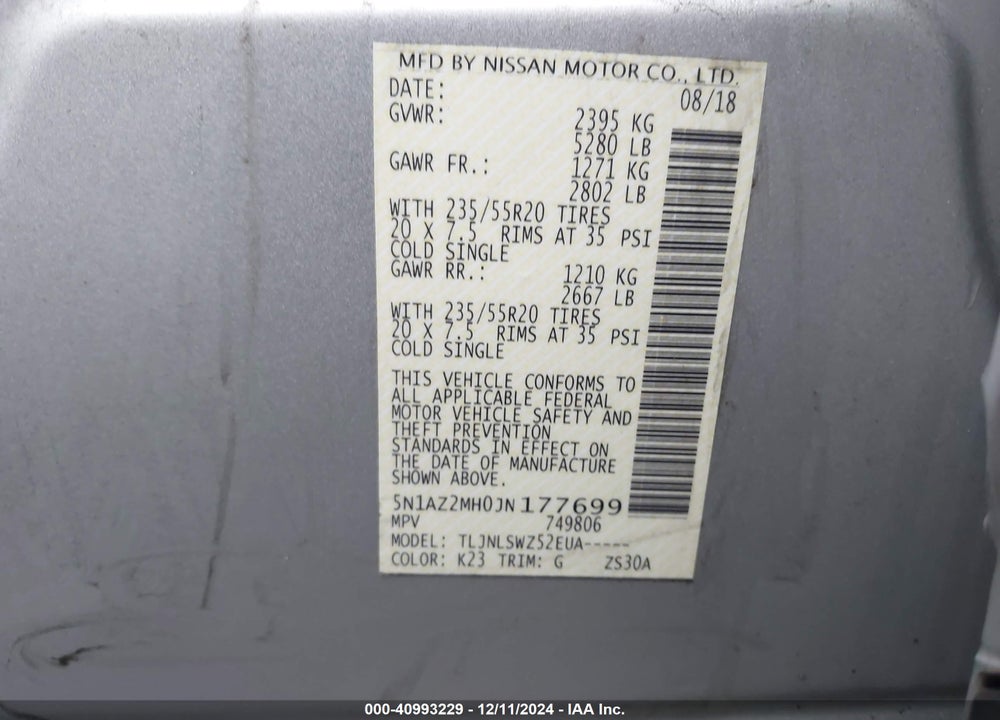 2018 NISSAN MURANO PLATINUM VIN: 5N1AZ2MH0JN177699
