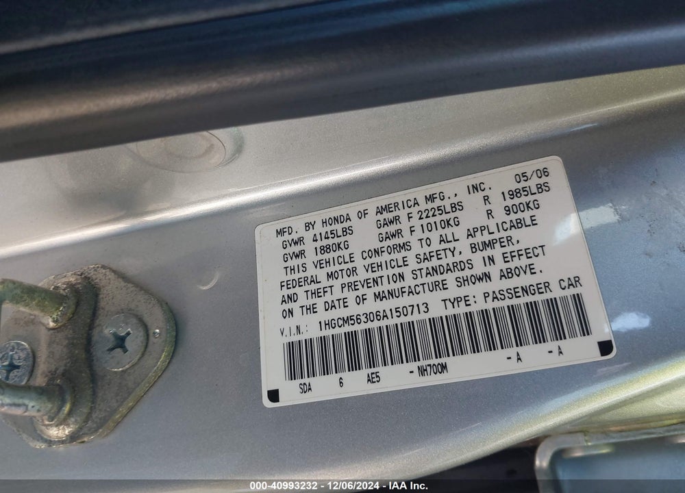 2006 HONDA ACCORD 2.4 SE VIN: 1HGCM56306A150713