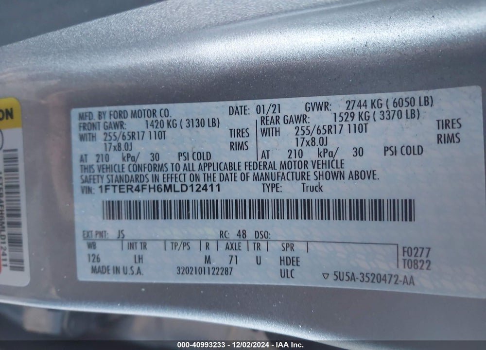 2021 FORD RANGER XLT VIN: 1FTER4FH6MLD12411