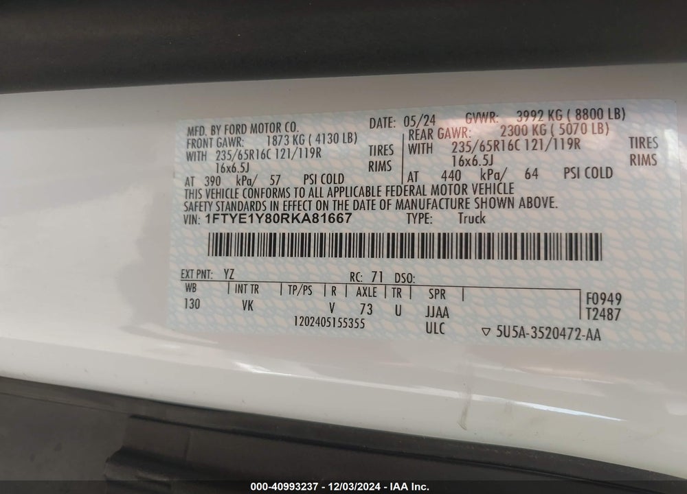 2024 FORD TRANSIT-150 CARGO VAN VIN: 1FTYE1Y80RKA81667
