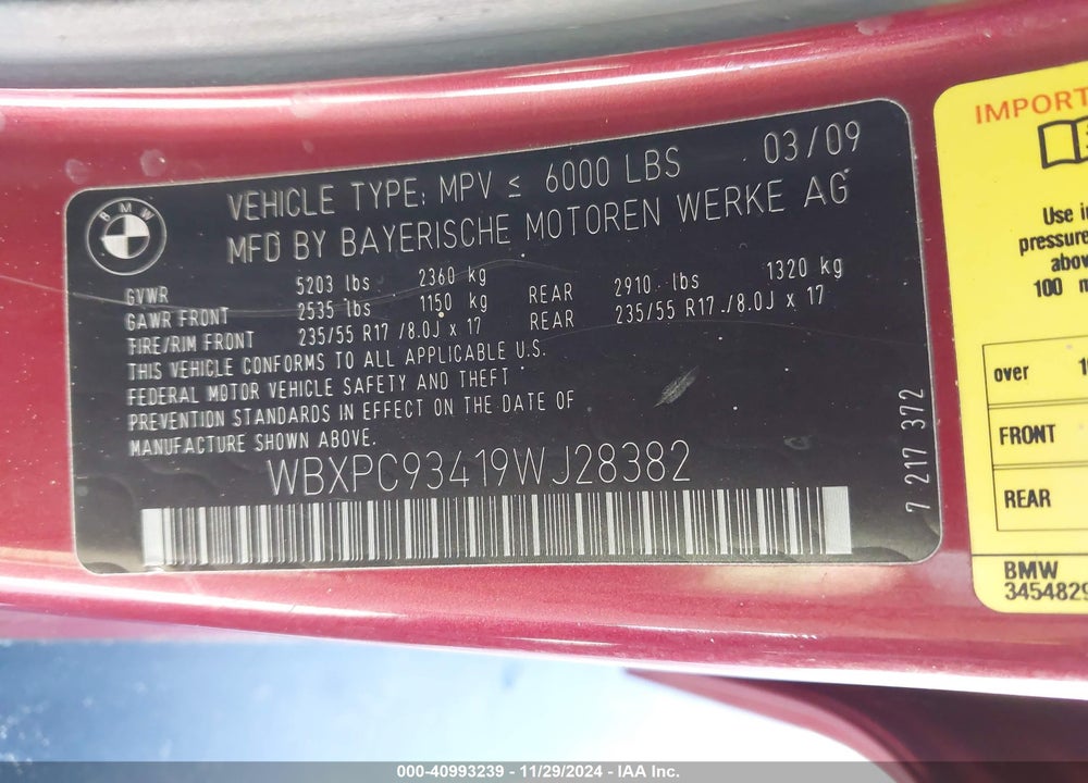 2009 BMW X3 XDRIVE30I VIN: WBXPC93419WJ28382