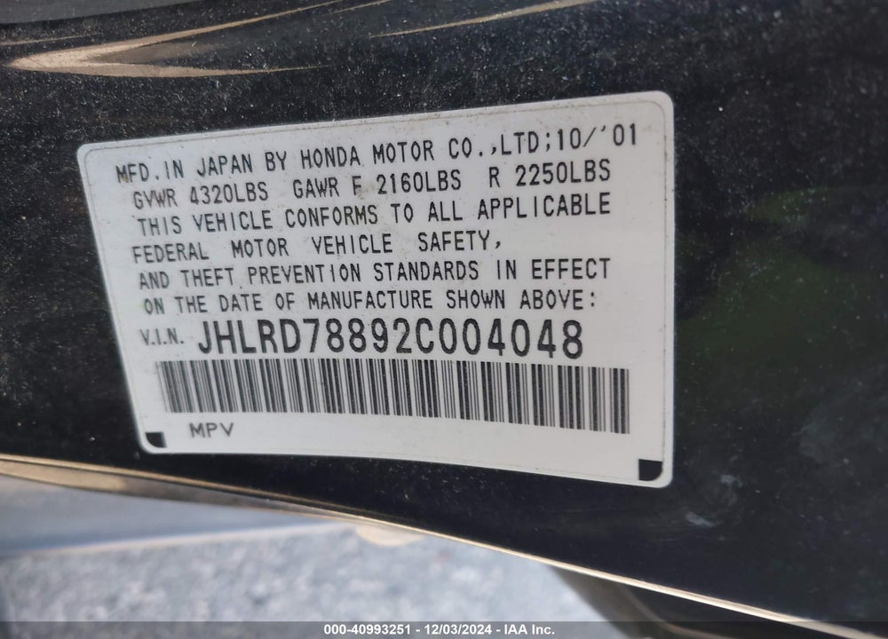 2002 HONDA CR-V EX VIN: JHLRD78892C004048