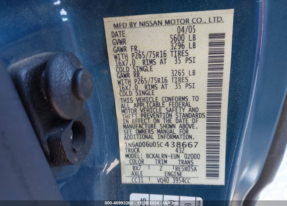 2005 NISSAN FRONTIER NISMO OFF ROAD VIN: 1N6AD06U05C438667