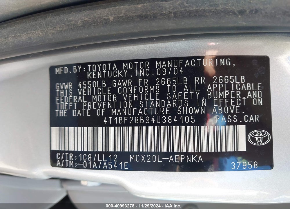 2004 TOYOTA AVALON XL VIN: 4T1BF28B94U384105