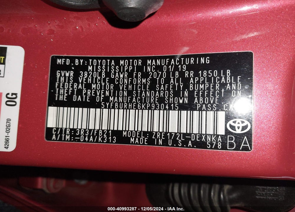 2019 TOYOTA COROLLA LE VIN: 5YFBURHE6KP930415
