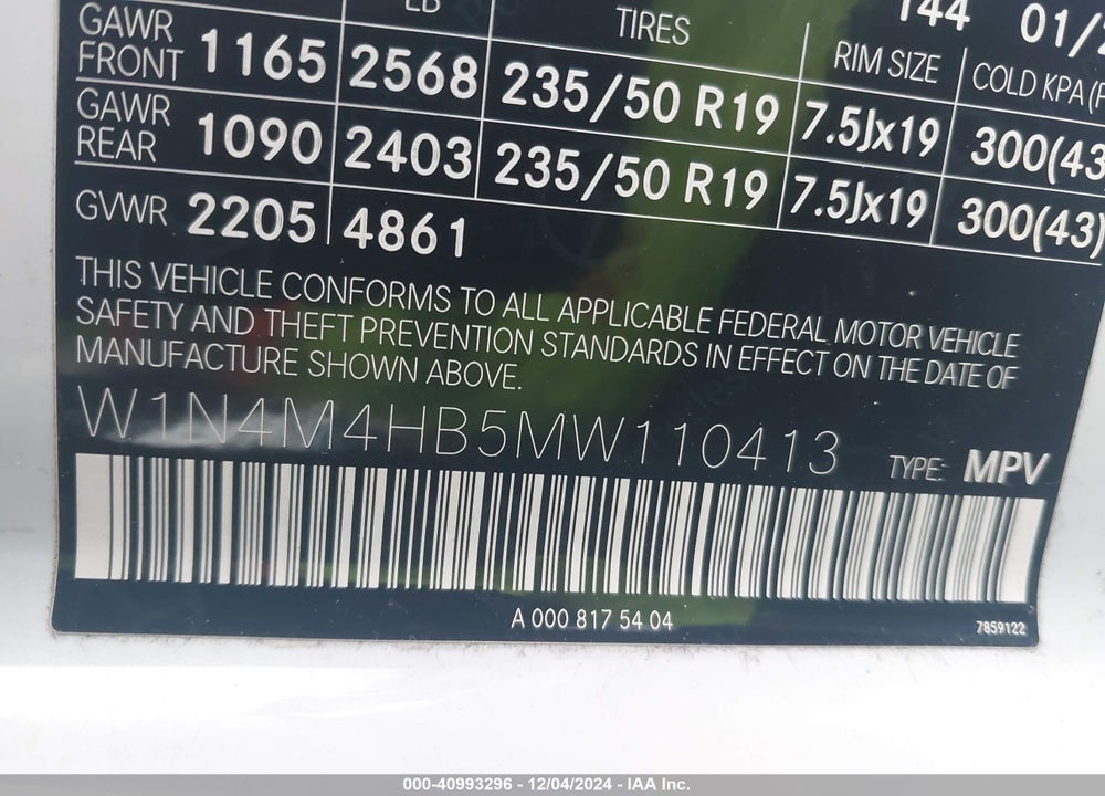 2021 MERCEDES-BENZ GLB 250 4MATIC VIN: W1N4M4HB5MW110413