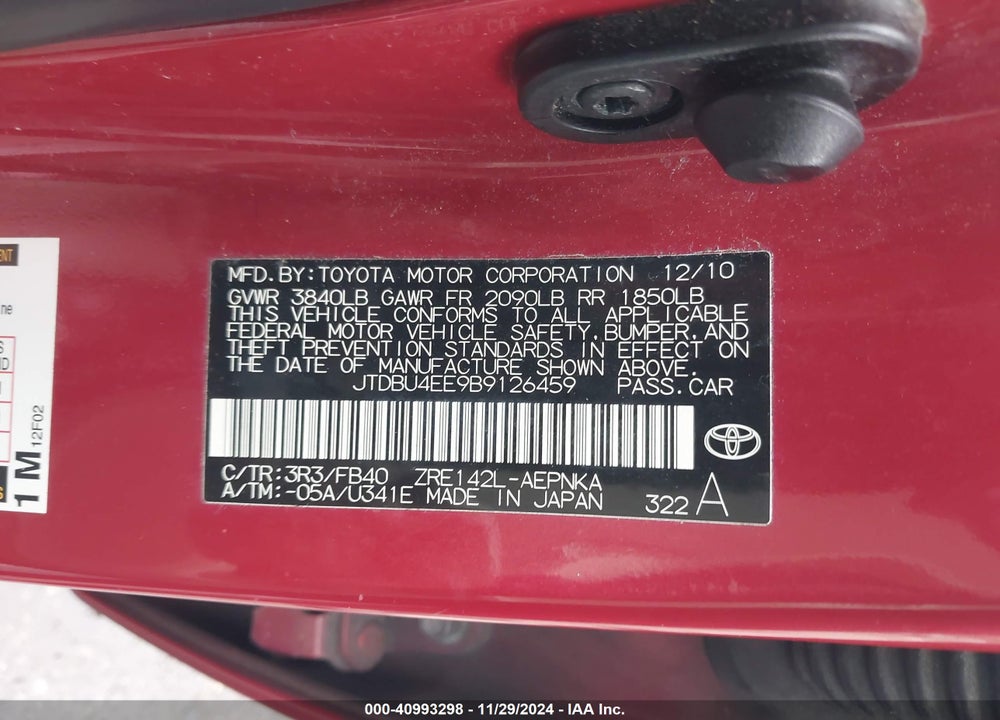 2011 TOYOTA COROLLA LE VIN: JTDBU4EE9B9126459