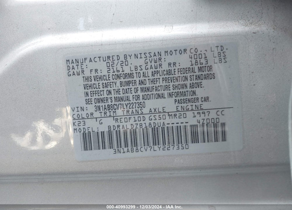 2020 NISSAN SENTRA SV XTRONIC CVT VIN: 3N1AB8CV7LY227350