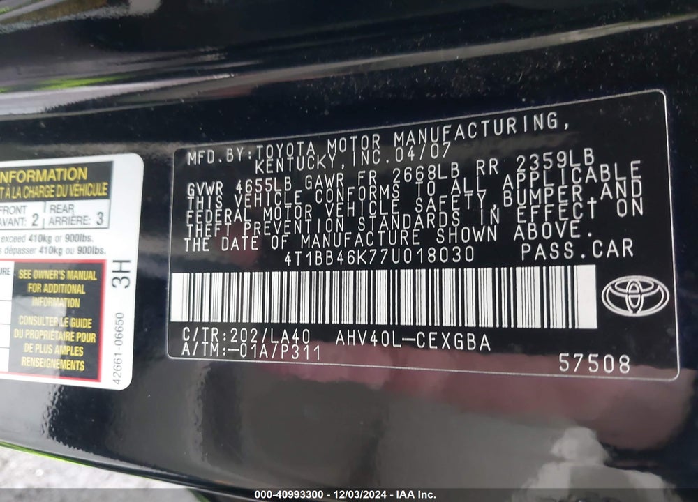 2007 TOYOTA CAMRY HYBRID VIN: 4T1BB46K77U018030
