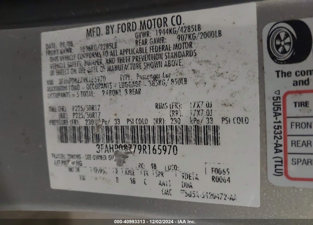 2009 FORD FUSION SEL VIN: 3FAHP08Z79R165970