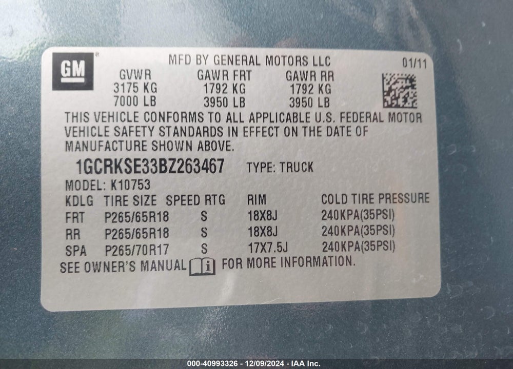 2011 CHEVROLET SILVERADO 1500 LT VIN: 1GCRKSE33BZ263467
