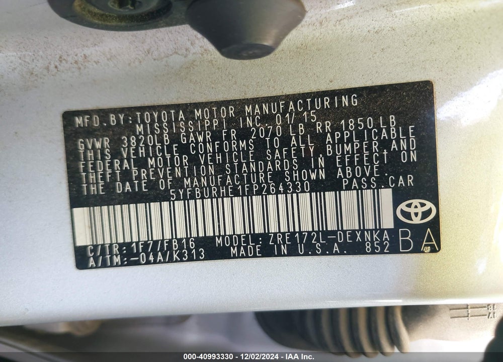 2015 TOYOTA COROLLA LE PLUS VIN: 5YFBURHE1FP264330