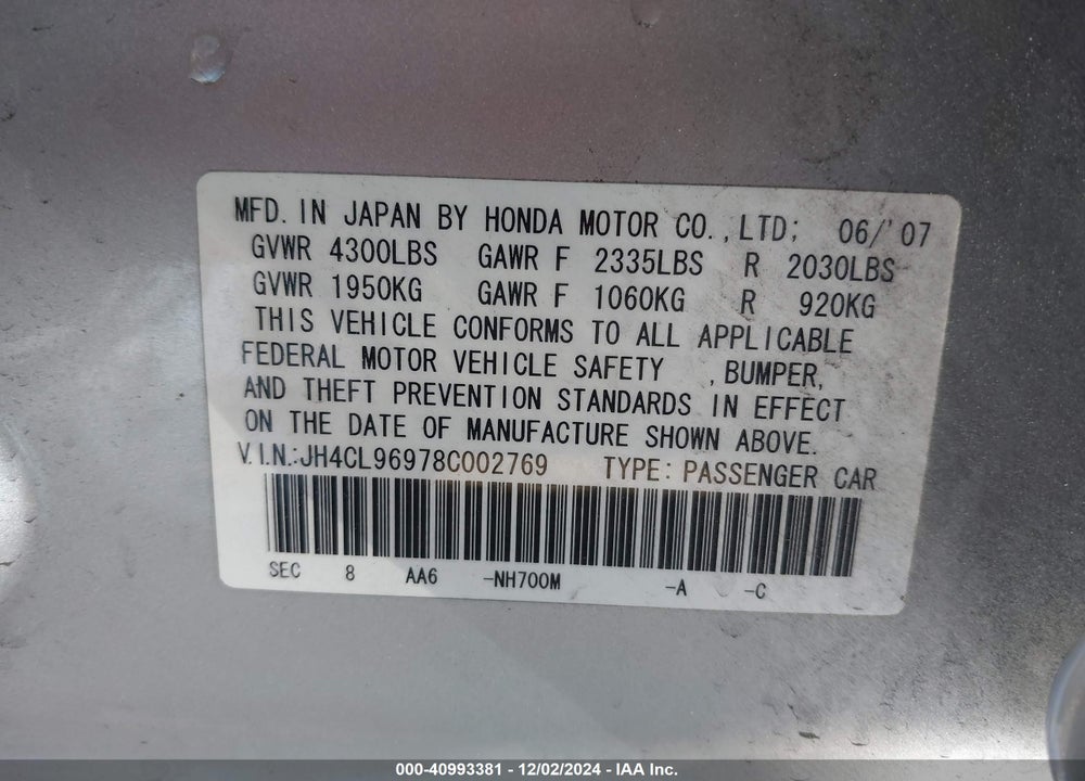 2008 ACURA TSX VIN: JH4CL96978C002769