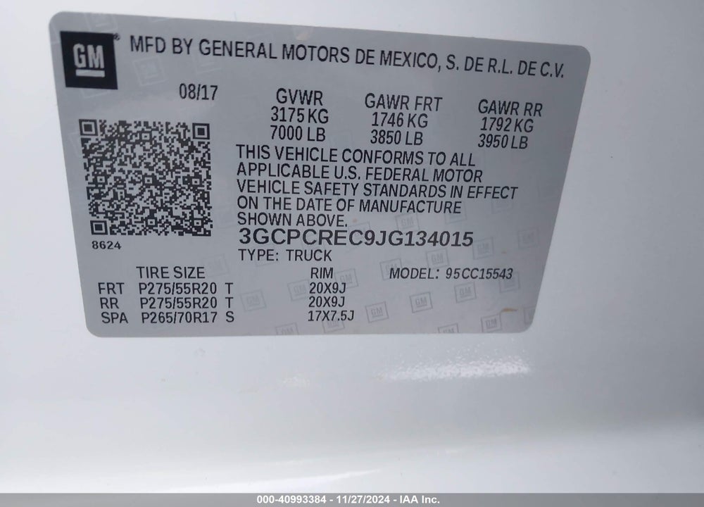 2018 CHEVROLET SILVERADO 1500 1LT VIN: 3GCPCREC9JG134015