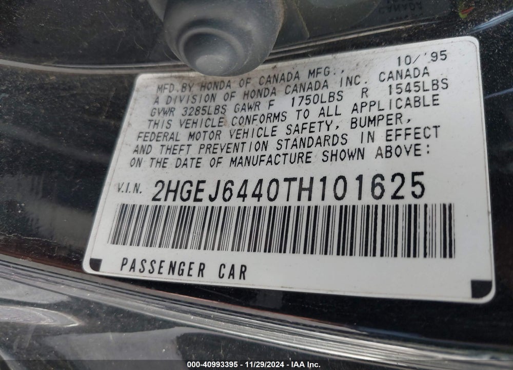 1996 HONDA CIVIC DX VIN: 2HGEJ6440TH101625