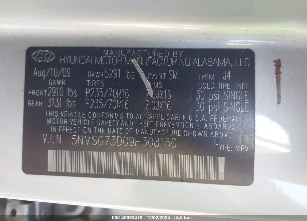 2009 HYUNDAI SANTA FE GLS VIN: 5NMSG73D09H308150