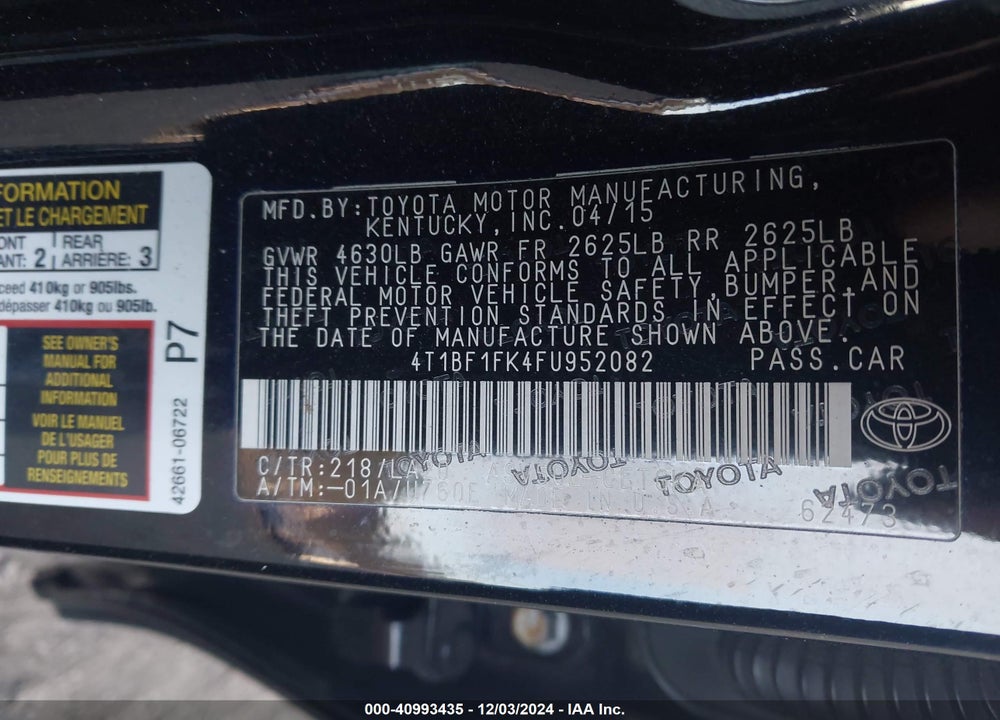 2015 TOYOTA CAMRY XLE VIN: 4T1BF1FK4FU952082