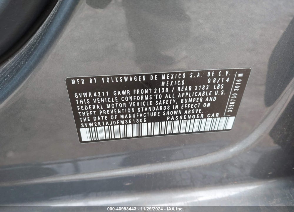 2015 VOLKSWAGEN JETTA 2.0L S VIN: 3VW2K7AJ0FM351805