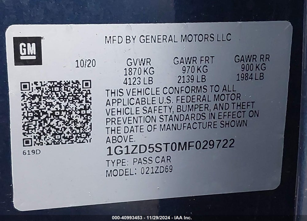 2021 CHEVROLET MALIBU FWD LT VIN: 1G1ZD5ST0MF029722